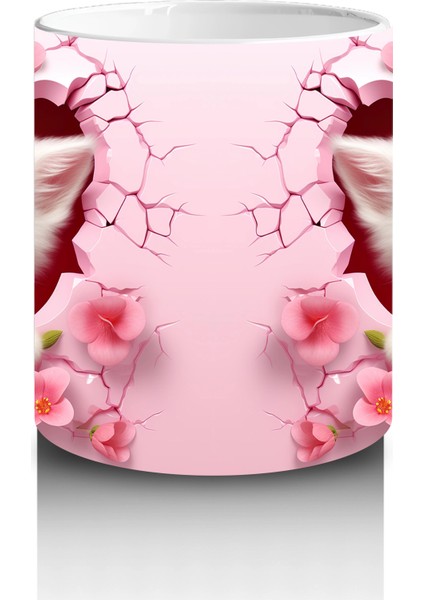 Pembe Çiçekli Arka Planda Sevimli Kedi Çifti - Baskılı Kahve Kupası modelleri