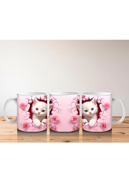 Pembe Çiçekli Arka Planda Sevimli Kedi Çifti - Baskılı Kahve Kupası indirimleri
