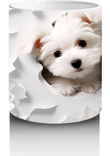 Beyaz Çiçekler Arasında Bakan Sevimli Köpek – Baskılı Kahve Kupası modelleri