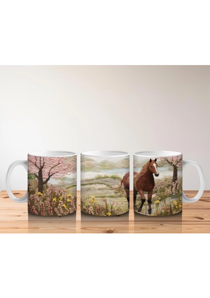 Bahar Manzarasında Zarif At Figürü - Baskılı Kahve Kupası indirimleri