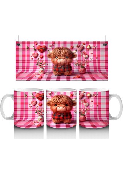 Kareli Pembe Fon ve Kalpli Buzağı – Baskılı Kupa Bardak