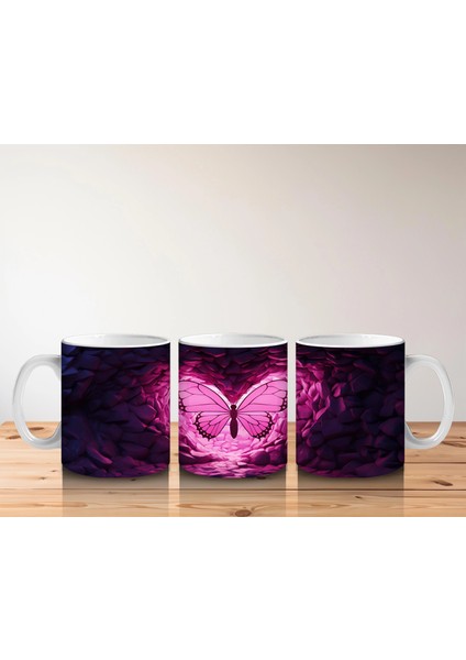 Mor Kristaller Arasında Parlayan Pembe Kelebek – Baskılı Kahve Kupası indirimleri