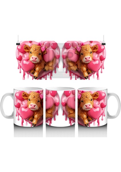 Kalpli Balonlarla Süslenmiş Sevimli Inek Figürleri – Baskılı Kahve Kupası