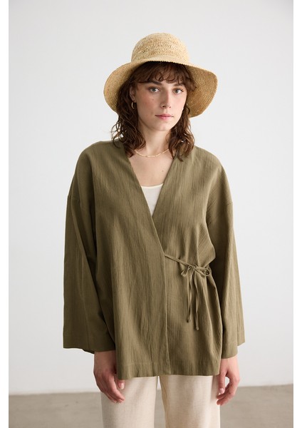 Yağ Yeşili Dokulu Kimono