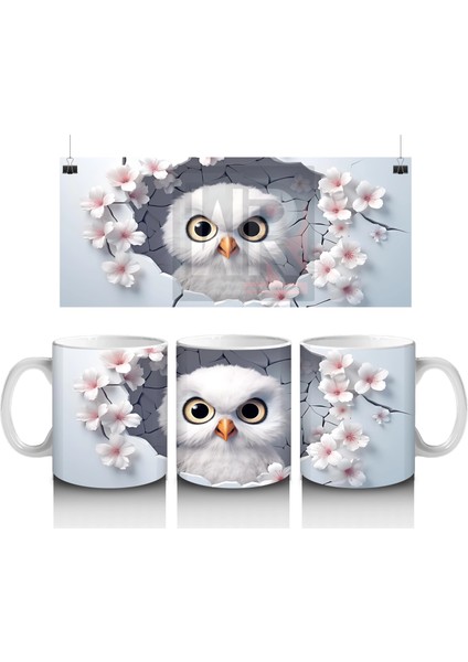 Kiraz Çiçekleri Arasında Minik Baykuş - Baskılı Kahve Kupası