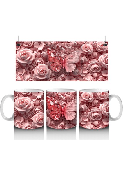 Pembe Gül Desenleri Arasında Kelebek - Baskılı Kahve Kupası