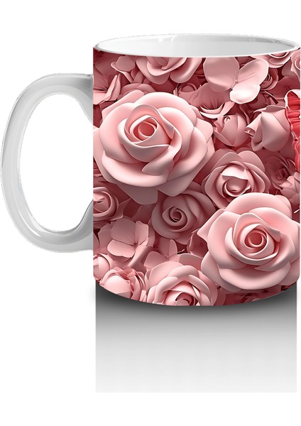 Pembe Gül Desenleri Arasında Kelebek - Baskılı Kahve Kupası fiyatları