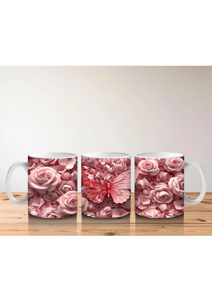 Pembe Gül Desenleri Arasında Kelebek - Baskılı Kahve Kupası indirimleri