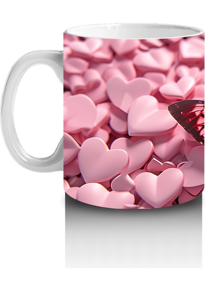 Pembe Kalpler Üzerinde Parlayan Kelebek – Baskılı Kahve Kupası fiyatları