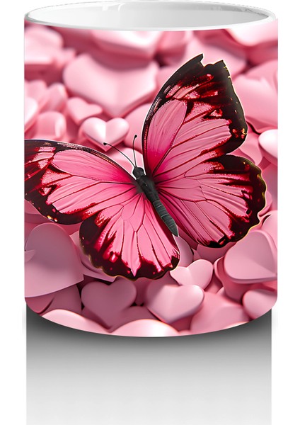 Pembe Kalpler Üzerinde Parlayan Kelebek – Baskılı Kahve Kupası modelleri