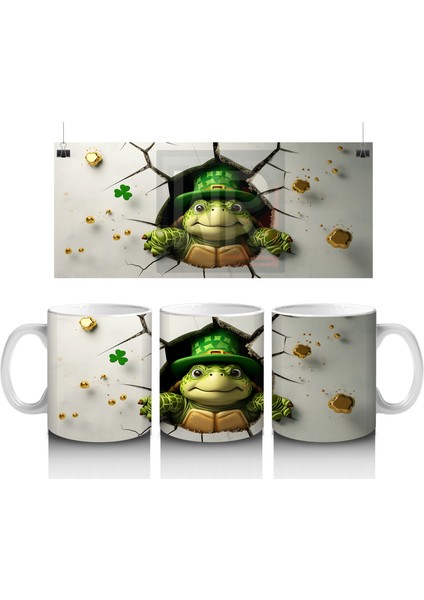 Altın Yoncalı Şapkalı Sevimli Kurbağa Figürü - Baskılı Kahve Kupası
