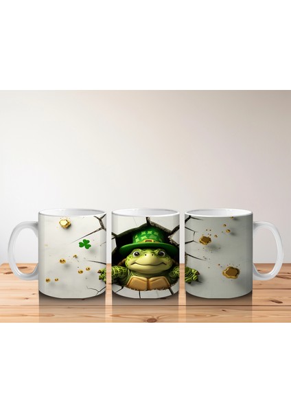 Altın Yoncalı Şapkalı Sevimli Kurbağa Figürü - Baskılı Kahve Kupası indirimleri