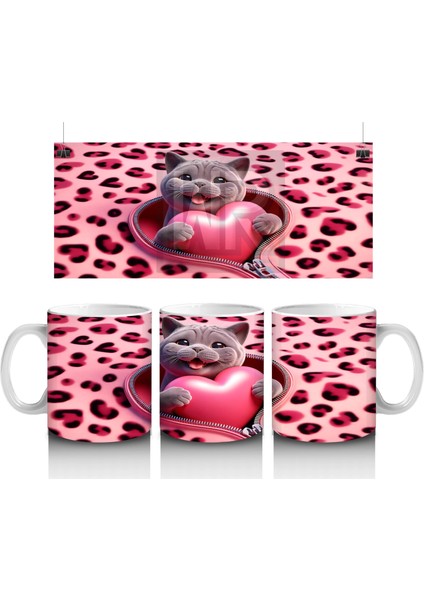 Pembe Leopar Desenli Fon Üzerinde Kalpli Kedi – Baskılı Kahve Kupası