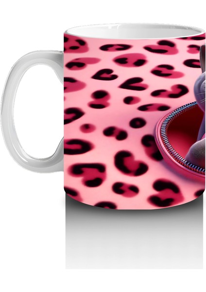 Pembe Leopar Desenli Fon Üzerinde Kalpli Kedi – Baskılı Kahve Kupası fiyatları