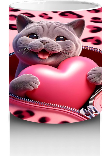 Pembe Leopar Desenli Fon Üzerinde Kalpli Kedi – Baskılı Kahve Kupası modelleri