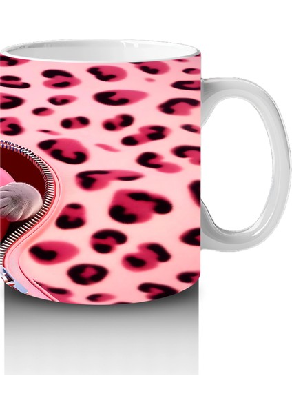 Pembe Leopar Desenli Fon Üzerinde Kalpli Kedi – Baskılı Kahve Kupası fırsatları