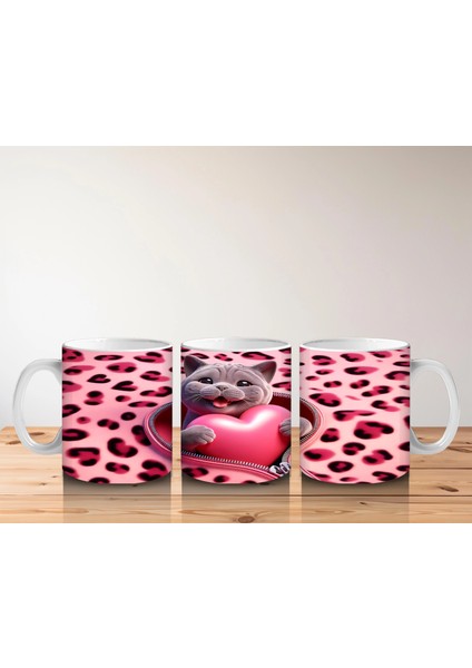 Pembe Leopar Desenli Fon Üzerinde Kalpli Kedi – Baskılı Kahve Kupası indirimleri