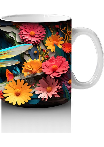 Turuncu Çiçekler Arasında Mavi Yusufçuk – Baskılı Kahve Kupası fırsatları