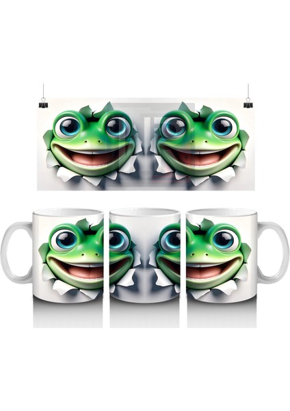 Gülümseyen Yeşil Kurbağa Maskot Çifti – Baskılı Kahve Kupası