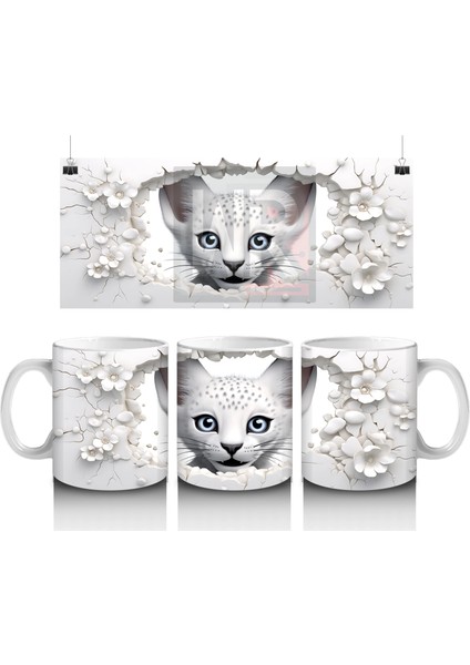 Beyaz Çiçekler Arasında Mavi Gözlü Kedi – Baskılı Kahve Kupası