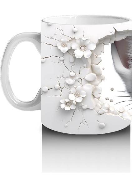 Beyaz Çiçekler Arasında Mavi Gözlü Kedi – Baskılı Kahve Kupası fiyatları
