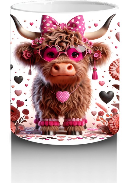 Pembe Çiçeklerle Süslenmiş Neşeli Buzağı – Baskılı Kahve Kupası modelleri