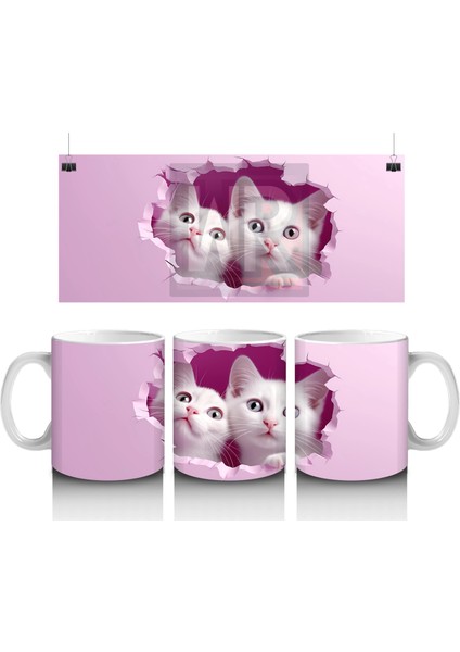 Pembe Çatlakta Ikiz Beyaz Kedi Yavruları – Baskılı Kahve Kupası