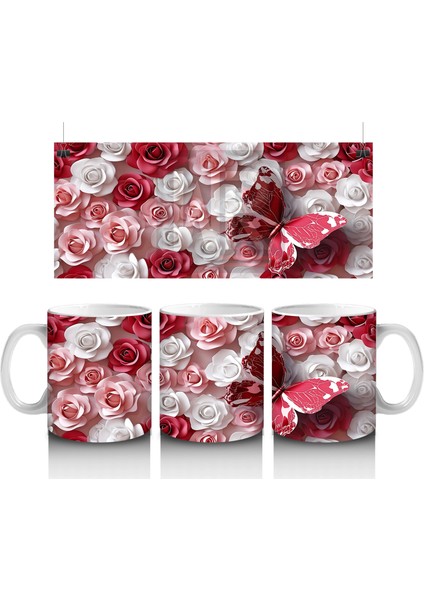 Kırmızı Beyaz Gül Bahçesinde Uçan Kelebek – Baskılı Kahve Kupası