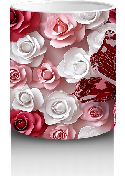 Kırmızı Beyaz Gül Bahçesinde Uçan Kelebek – Baskılı Kahve Kupası modelleri
