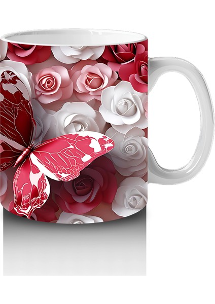 Kırmızı Beyaz Gül Bahçesinde Uçan Kelebek – Baskılı Kahve Kupası fırsatları