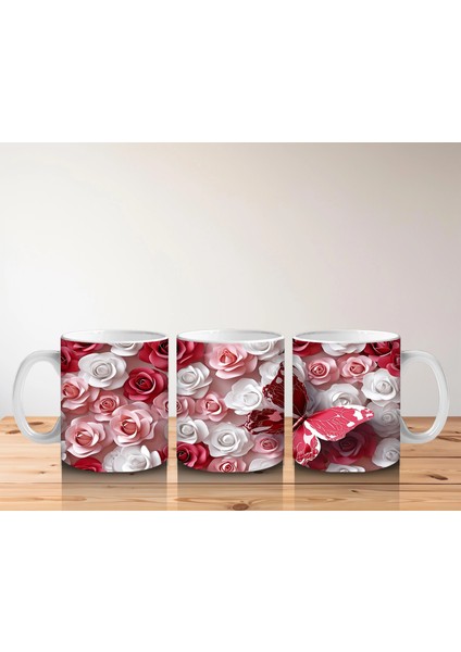 Kırmızı Beyaz Gül Bahçesinde Uçan Kelebek – Baskılı Kahve Kupası indirimleri