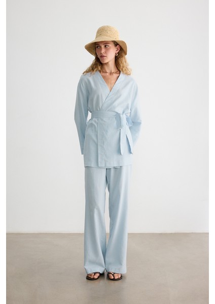 Mavi Pamuk Keten Kimono modelleri