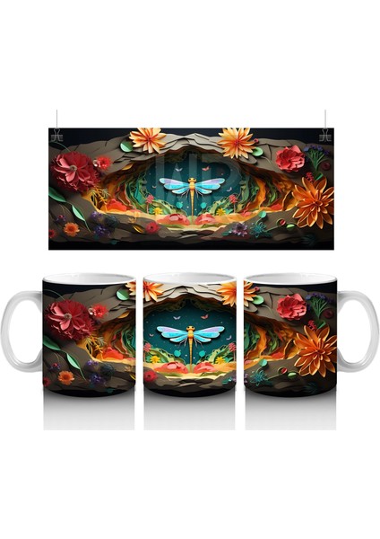 Çiçeklerle Süslenmiş Kalp ve Mavi Kelebek – Baskılı Kahve Kupası