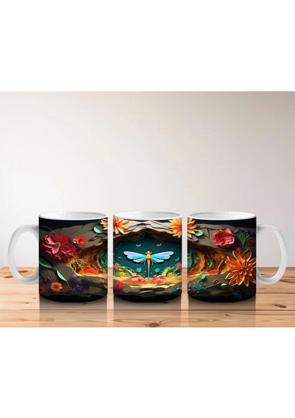 Çiçeklerle Süslenmiş Kalp ve Mavi Kelebek – Baskılı Kahve Kupası indirimleri