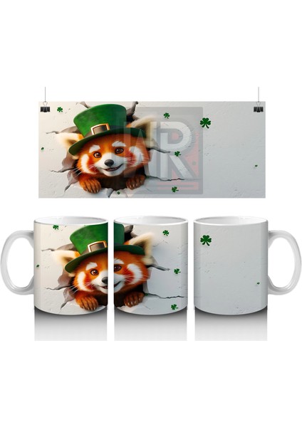 Yeşil Şapkalı Kırmızı Panda ve Yonca Yaprakları – Baskılı Kahve Kupası