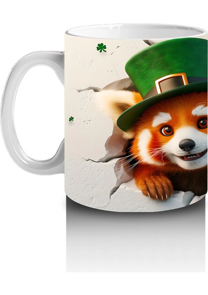 Yeşil Şapkalı Kırmızı Panda ve Yonca Yaprakları – Baskılı Kahve Kupası fiyatları