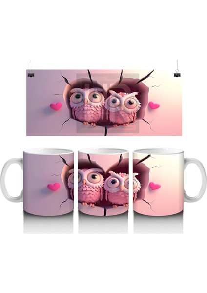 Pembe Gözlüklü Baykuşlar ve Kalpli Fon – Baskılı Kahve Kupası