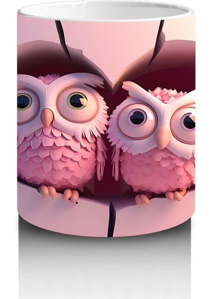 Pembe Gözlüklü Baykuşlar ve Kalpli Fon – Baskılı Kahve Kupası modelleri