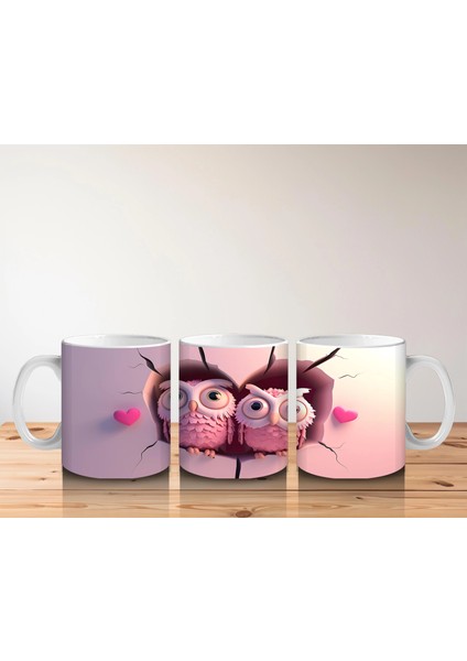 Pembe Gözlüklü Baykuşlar ve Kalpli Fon – Baskılı Kahve Kupası indirimleri