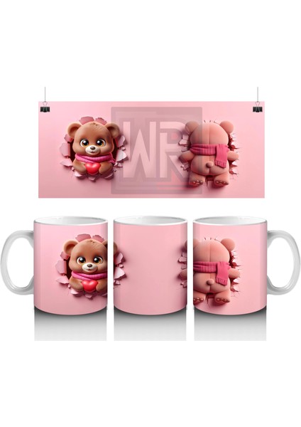 Kalp Tutan Ayıcık Maskot ve Arka Görünümü – Baskılı Kahve Kupası