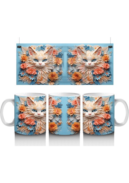 Sarı Çiçekler Arasında Gülümseyen Kedi Çifti – Baskılı Kahve Kupası