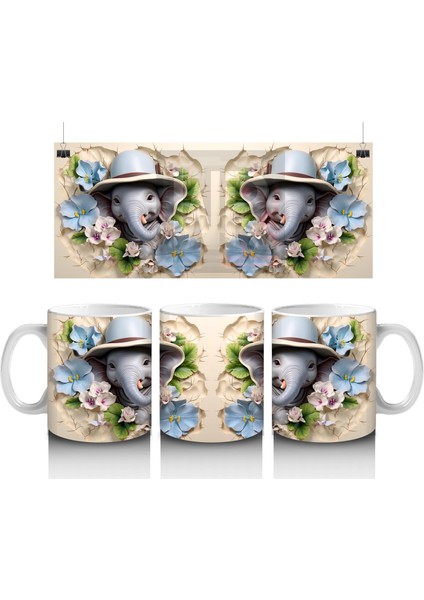 Mavi Çiçeklerle Süslenmiş Şapkalı Sevimli Filler – Baskılı Kahve Kupası