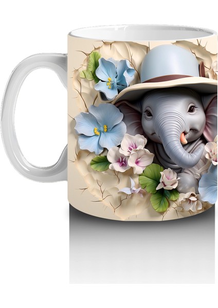 Mavi Çiçeklerle Süslenmiş Şapkalı Sevimli Filler – Baskılı Kahve Kupası fiyatları