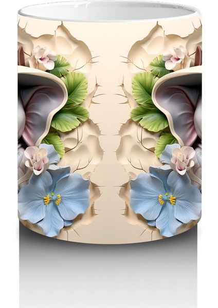 Mavi Çiçeklerle Süslenmiş Şapkalı Sevimli Filler – Baskılı Kahve Kupası modelleri