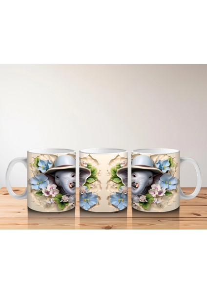 Mavi Çiçeklerle Süslenmiş Şapkalı Sevimli Filler – Baskılı Kahve Kupası indirimleri