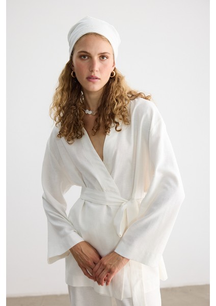 Ekru Pamuk Keten Kimono