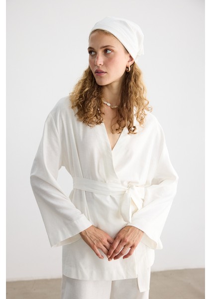 Ekru Pamuk Keten Kimono fırsatları