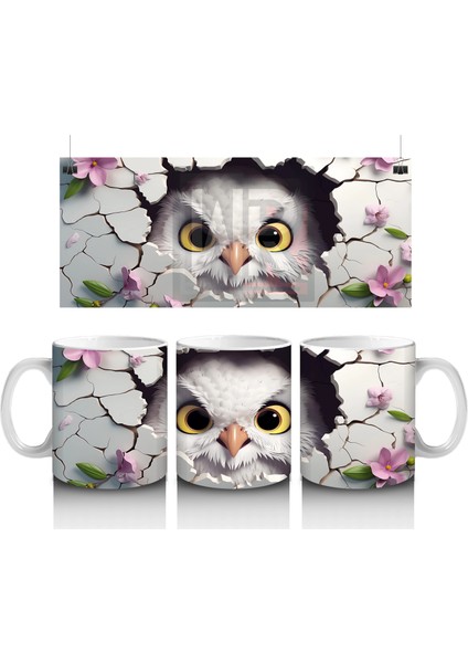 Mor Çiçekler Arasında Bakan Sarı Gözlü Baykuş – Baskılı Kahve Kupası