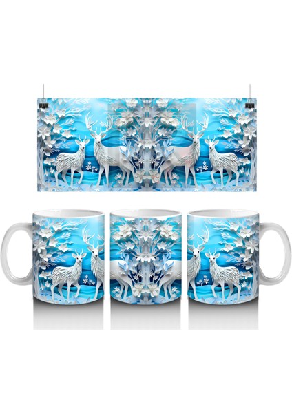 Beyaz Kuşlarla Süslenmiş Buz Mavisi Çiçek Bahçesi – Baskılı Kahve Kupası