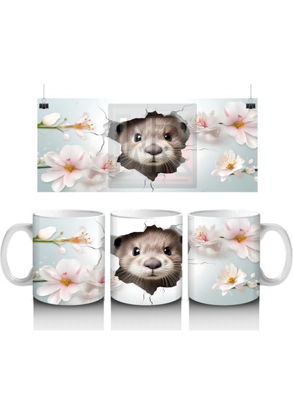 Çiçekler Arasında Duvarı Delen Sevimli Su Samuru - Baskılı Kahve Kupası